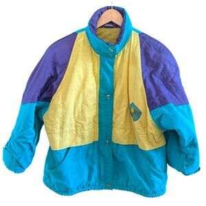 Vintage Story Life Womens Purple Blue Yellow Colorblock Jacket 1990s Size 14 Y2K